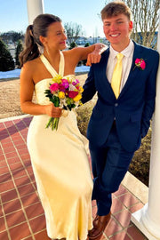 Yellow Halter Sleeveless Satin Pleats Sheath Long Prom Formal Dress