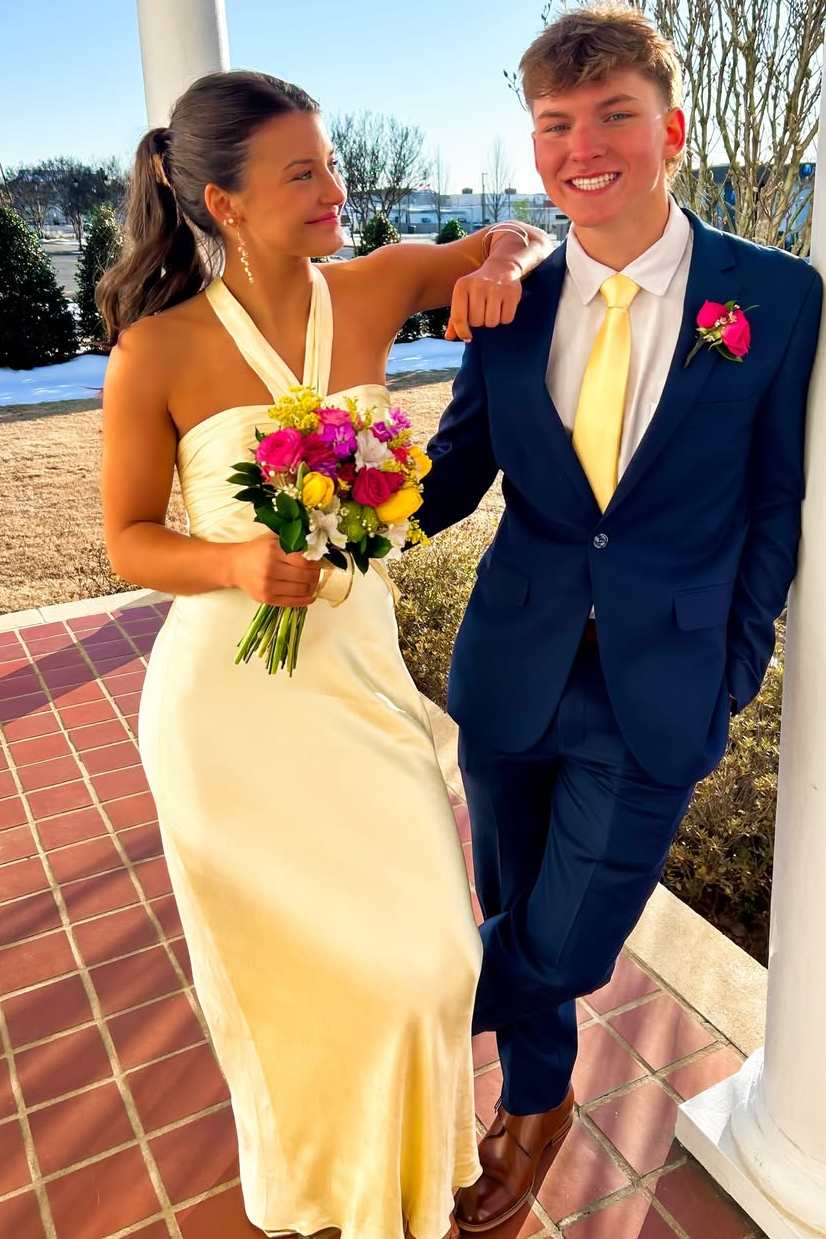 Yellow Halter Sleeveless Satin Pleats Sheath Long Prom Formal Dress