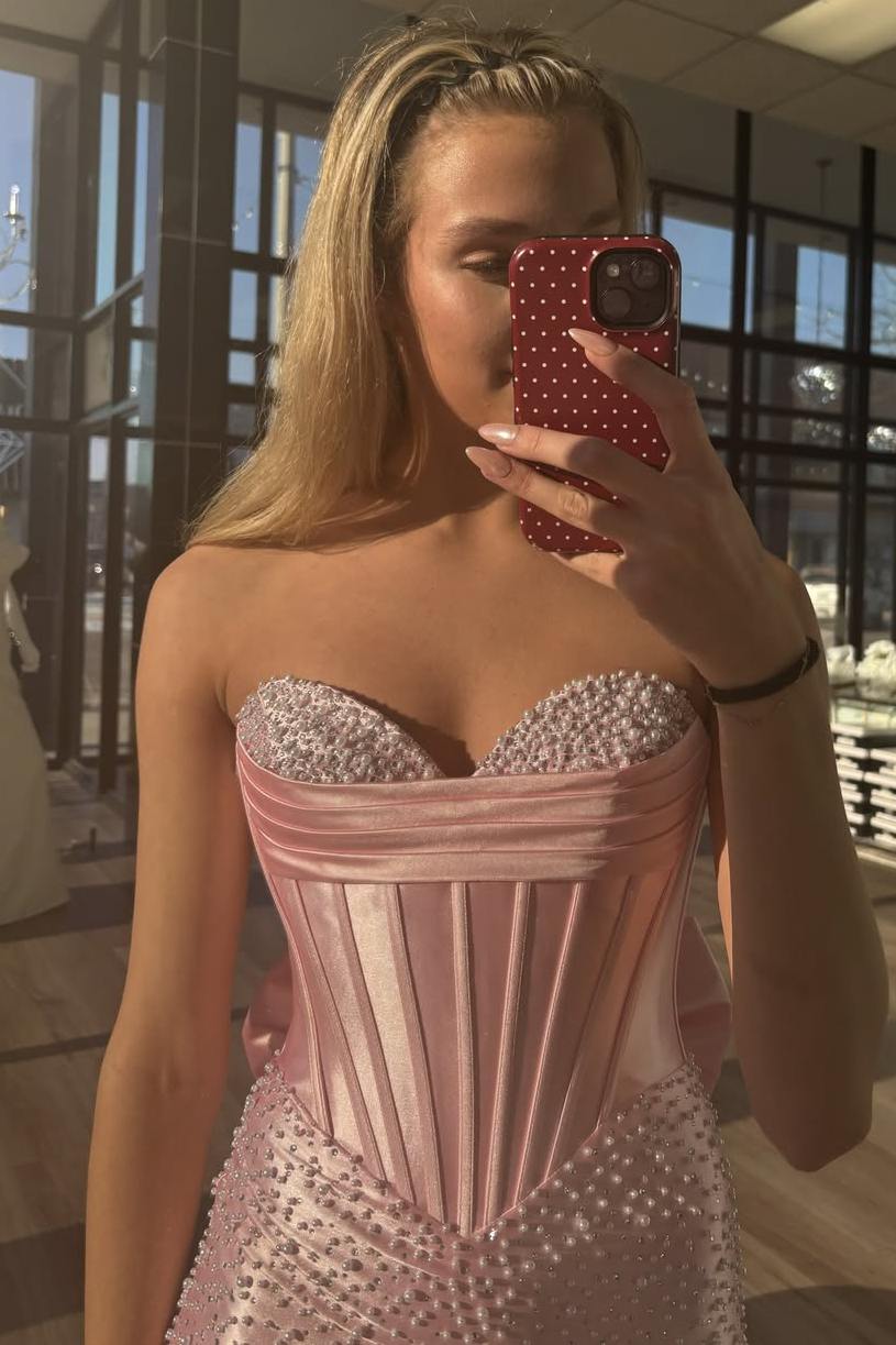 Stunning Strapless Pearls High Slit Sleeveless Mermaid Prom Dress with Bow