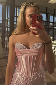Stunning Strapless Pearls High Slit Sleeveless Mermaid Prom Dress with Bow
