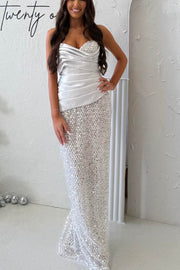 Strapless Sweetheart Pleats Sequined Sleeveless Long Prom Dress