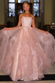Princess A-Line Spaghetti Straps Empire-Waist Ruffles Pink Long Prom Dress