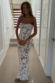 Exquisite Strapless Lace Appliques Scoop Neck Sleeveless Long Prom Dress