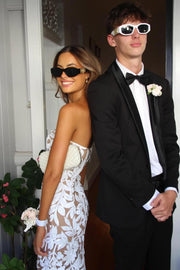 Exquisite Strapless Lace Appliques Scoop Neck Sleeveless Long Prom Dress