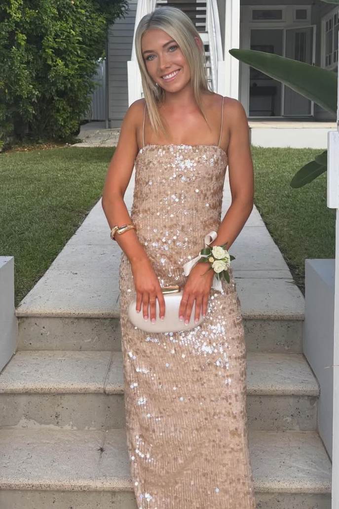 Spaghetti Straps Full Sequins Sleeveless Fitted Glitter Long Prom Dress