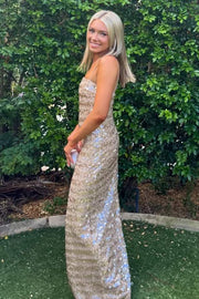 Spaghetti Straps Full Sequins Sleeveless Fitted Glitter Long Prom Dress