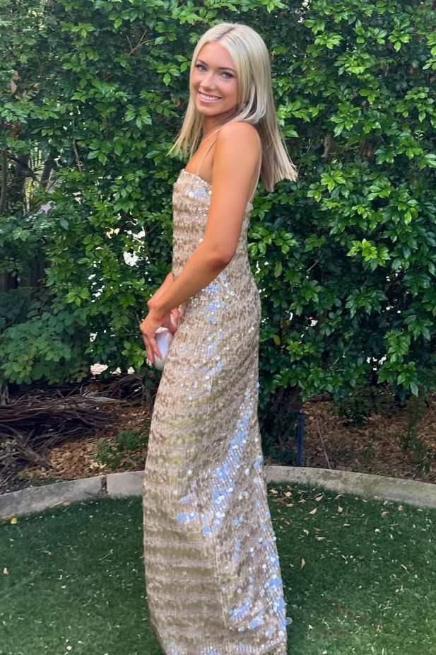 Spaghetti Straps Full Sequins Sleeveless Fitted Glitter Long Prom Dress
