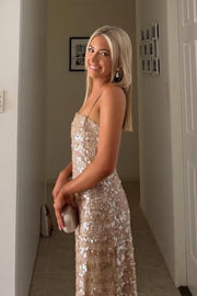 Spaghetti Straps Full Sequins Sleeveless Fitted Glitter Long Prom Dress