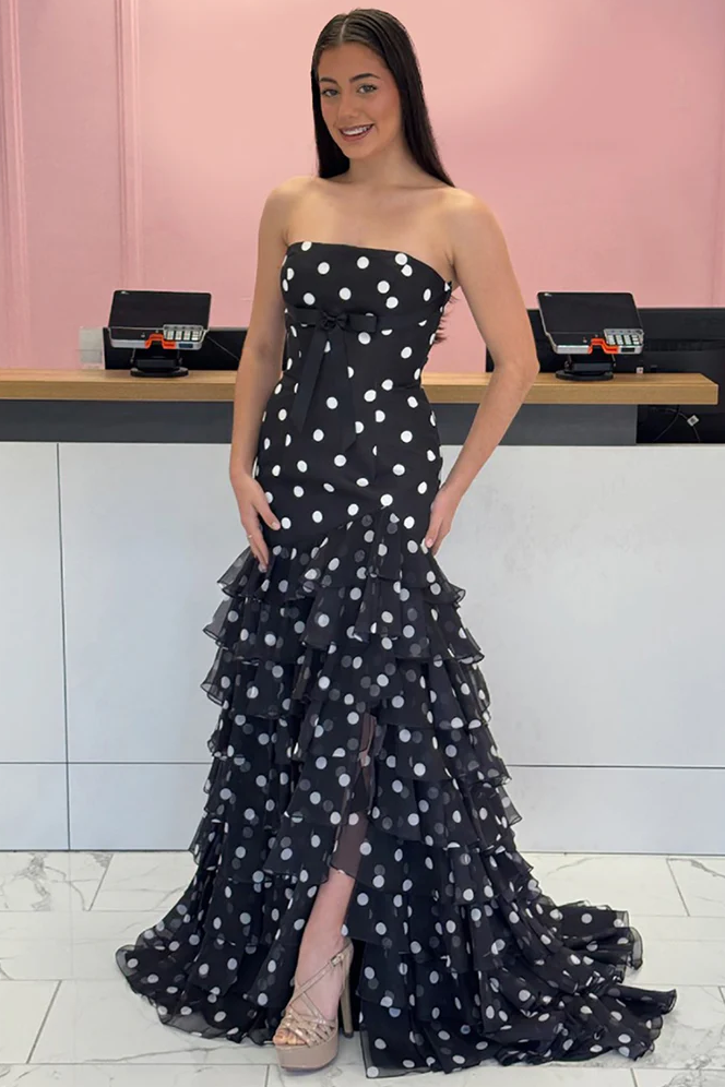 Strapless Polka Dots Ruffles Chiffon Sleeveless Long Prom Dress with Bow