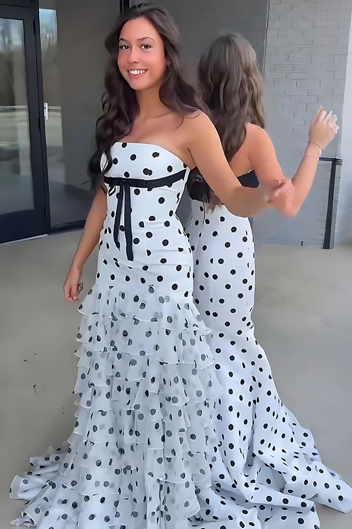 Strapless Polka Dots Ruffles Chiffon Sleeveless Long Prom Dress with Bow