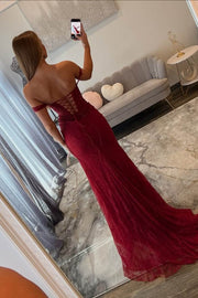 Burgundy Off-Shoulder Lace Appliques Sweetheart Mermaid Prom Dress with Slit