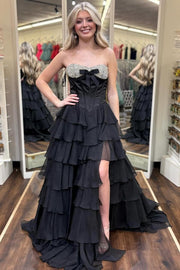 A-Line Strapless Empire-Waist Beads Ruffles Chiffon Prom Dress with Slit