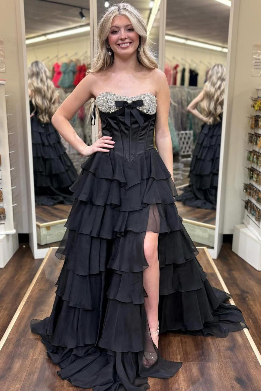 A-Line Strapless Empire-Waist Beads Ruffles Chiffon Prom Dress with Slit