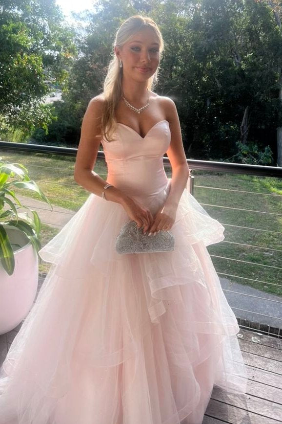 A-Line Pink Strapless V-Neck Empire-Waist Sleeveless Ruffles Tulle Prom Dress