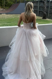 A-Line Pink Strapless V-Neck Empire-Waist Sleeveless Ruffles Tulle Prom Dress