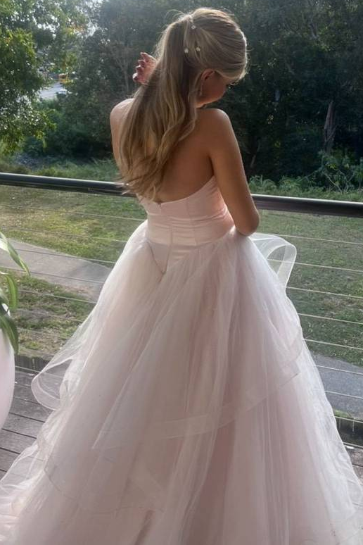 A-Line Pink Strapless V-Neck Empire-Waist Sleeveless Ruffles Tulle Prom Dress