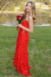 Red Strapless Scoop Neck Appliques Sleeveless Mermaid Long Prom Dress