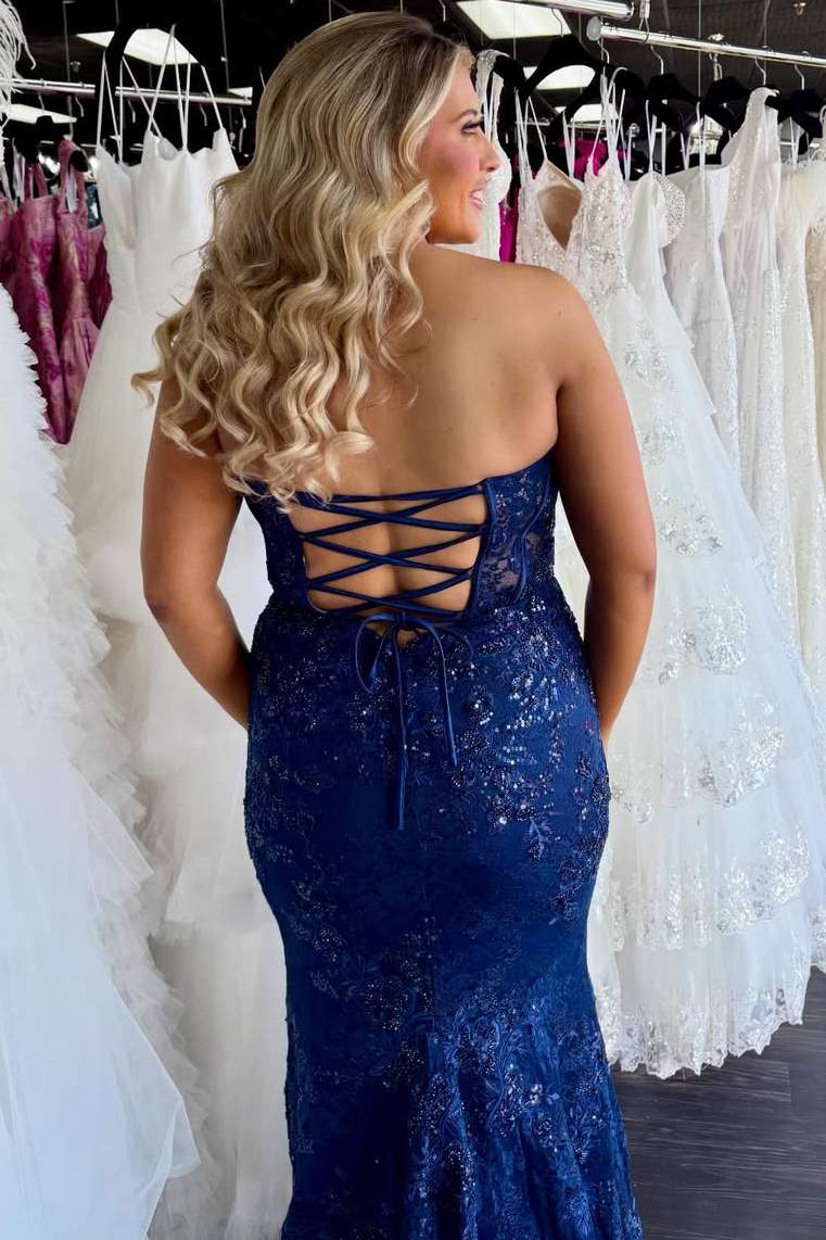 Strapless Scoop Neck Lace Appliques Sleeveless Mermaid Long Prom Dress
