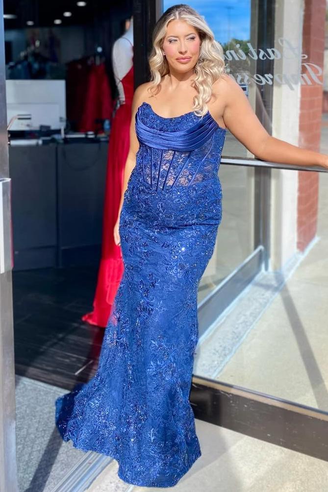 Strapless Scoop Neck Lace Appliques Sleeveless Mermaid Long Prom Dress