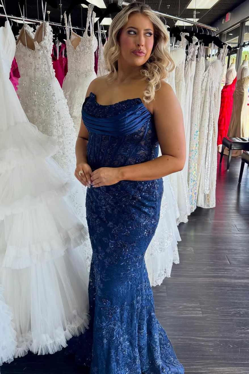 Strapless Scoop Neck Lace Appliques Sleeveless Mermaid Long Prom Dress