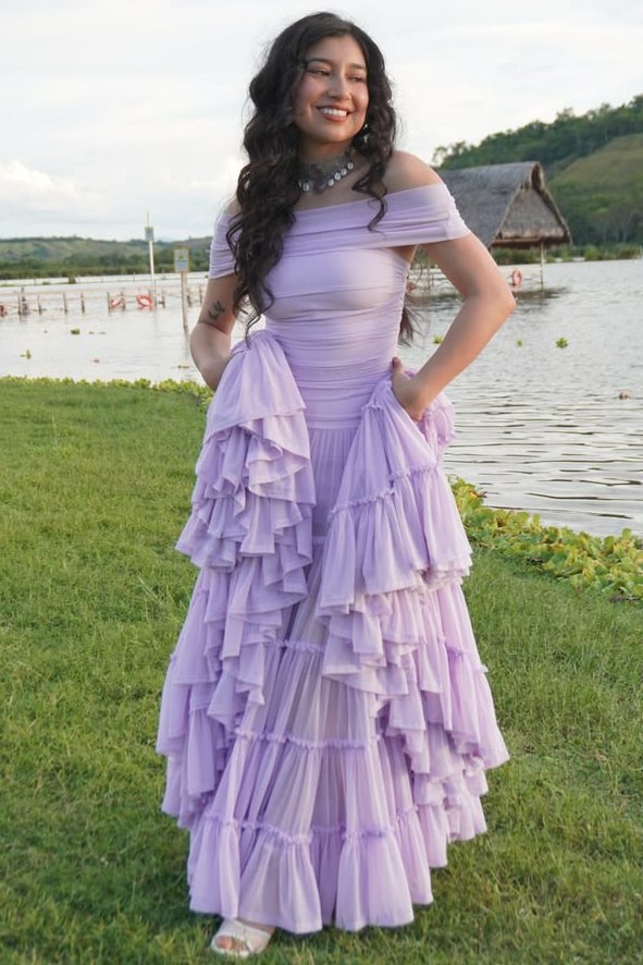 Elegant Off-Shoulder A-Line Empire-Waist Tulle Ruffles Prom Dress