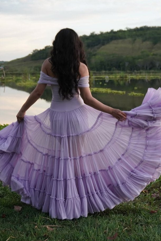 Elegant Off-Shoulder A-Line Empire-Waist Tulle Ruffles Prom Dress