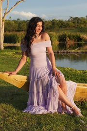 Elegant Off-Shoulder A-Line Empire-Waist Tulle Ruffles Prom Dress