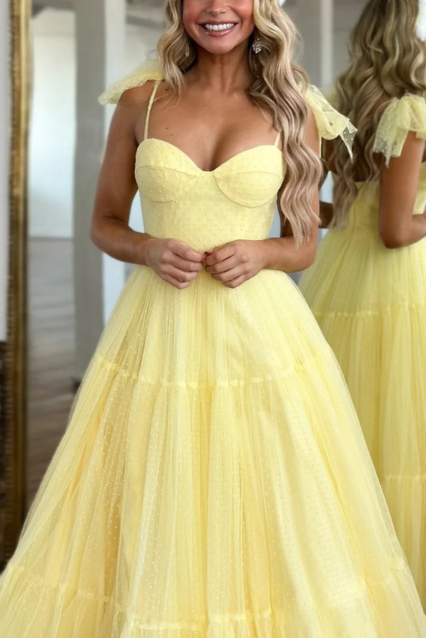 Yellow A-Line Sweetheart Tulle Empire-Waist Sleeveless Long Prom Dress