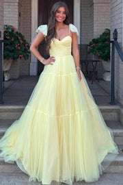 Yellow A-Line Sweetheart Tulle Empire-Waist Sleeveless Long Prom Dress