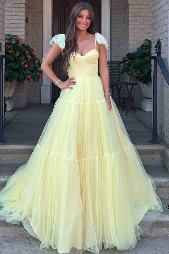 Yellow A-Line Sweetheart Tulle Empire-Waist Sleeveless Long Prom Dress