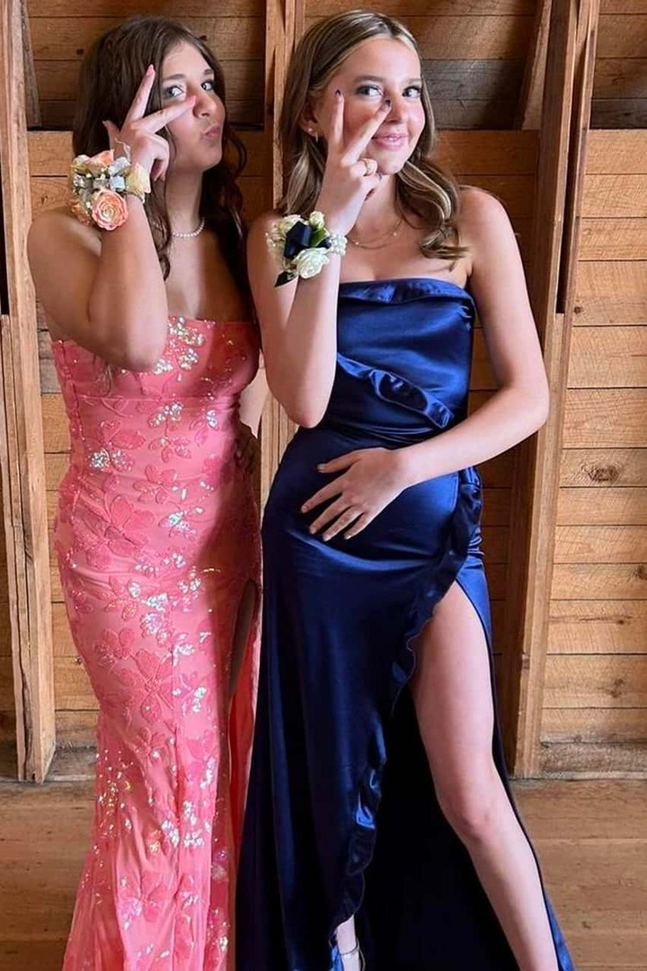 Classy Strapless Scoop Neck Ruffles Satin Long Formal Prom Dress with Slit