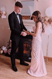 Pink Strapless Pleats Satin Scoop Neck Ruched Long Prom Dress