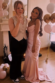 Pink Strapless Pleats Satin Scoop Neck Ruched Long Prom Dress