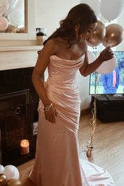 Pink Strapless Pleats Satin Scoop Neck Ruched Long Prom Dress