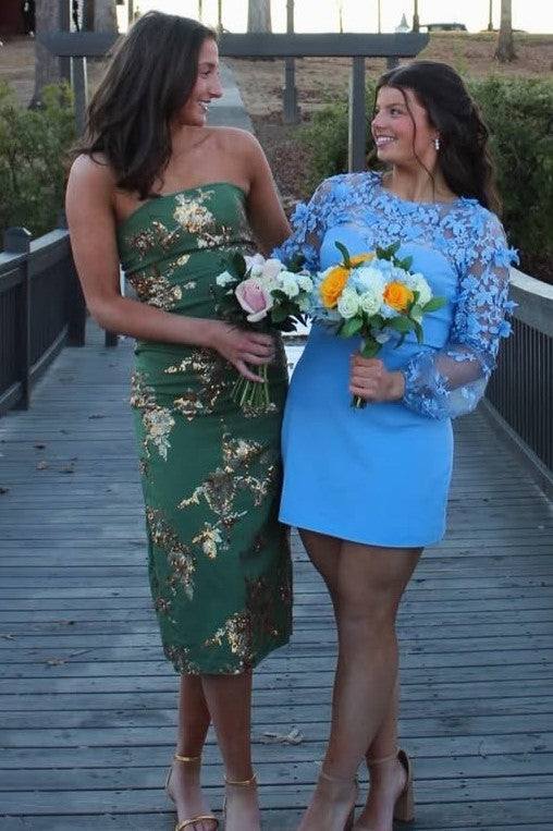 Green Strapless Appliques Scoop Neck Fitted Knee-Length Prom Dress