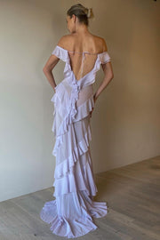 Off-Shoulder Ruffles High Slit Chiffon Sheer Long Prom Party Dress