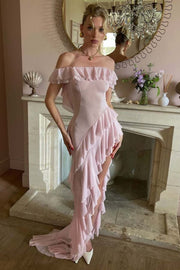 Off-Shoulder Ruffles High Slit Chiffon Sheer Long Prom Party Dress