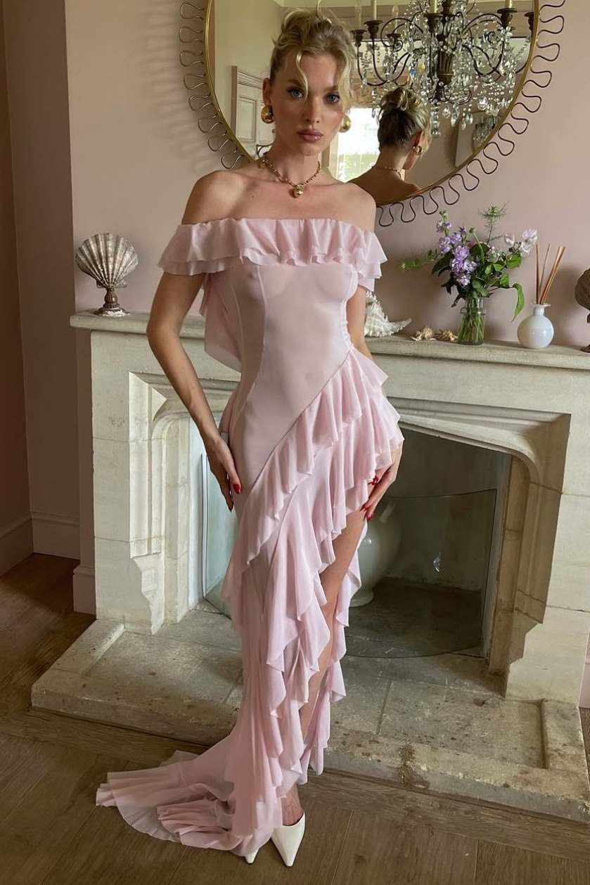 Off-Shoulder Ruffles High Slit Chiffon Sheer Long Prom Party Dress