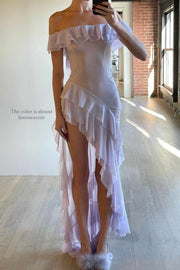 Off-Shoulder Ruffles High Slit Chiffon Sheer Long Prom Party Dress