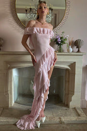 Off-Shoulder Ruffles High Slit Chiffon Sheer Long Prom Party Dress