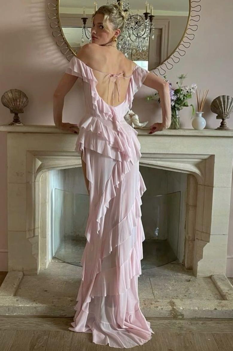 Off-Shoulder Ruffles High Slit Chiffon Sheer Long Prom Party Dress