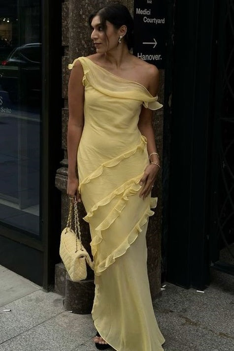 Yellow Chic Off-Shoulder Ruffles Fitted Long Evening Prom Dress