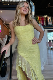 Yellow Spaghetti Straps Mermaid Sleeveless Lace Prom Dress with Slit