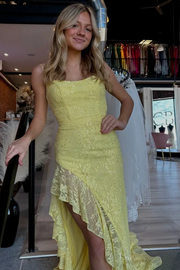 Yellow Spaghetti Straps Mermaid Sleeveless Lace Prom Dress with Slit