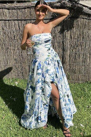 Floral Strapless A-Line Pleated Empire-Waist Print Long Prom Party Dress