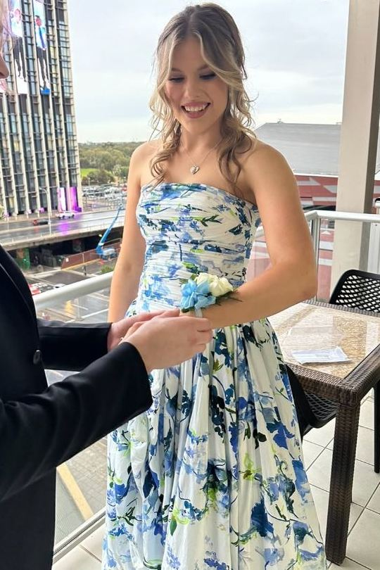 Floral Strapless A-Line Pleated Empire-Waist Print Long Prom Party Dress