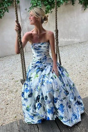 Floral Strapless A-Line Pleated Empire-Waist Print Long Prom Party Dress