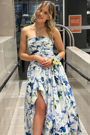 Floral Strapless A-Line Pleated Empire-Waist Print Long Prom Party Dress