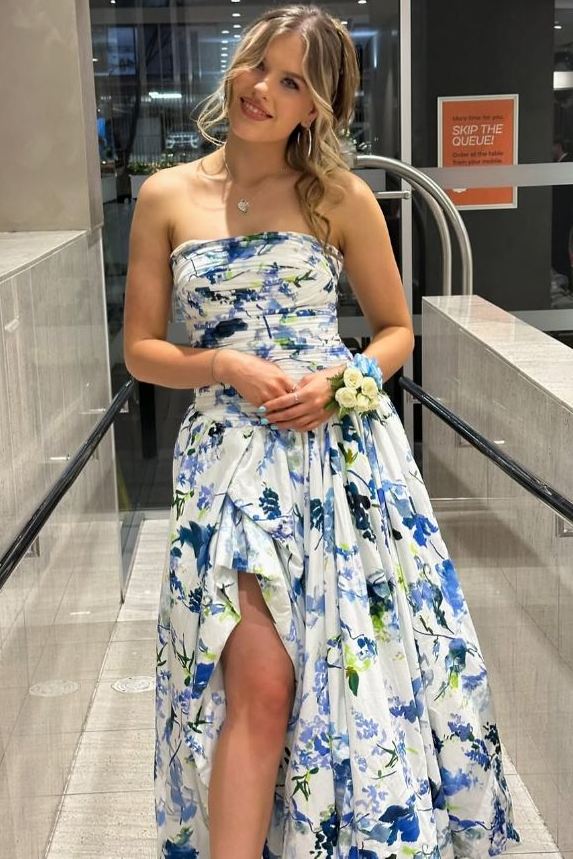 Floral Strapless A-Line Pleated Empire-Waist Print Long Prom Party Dress