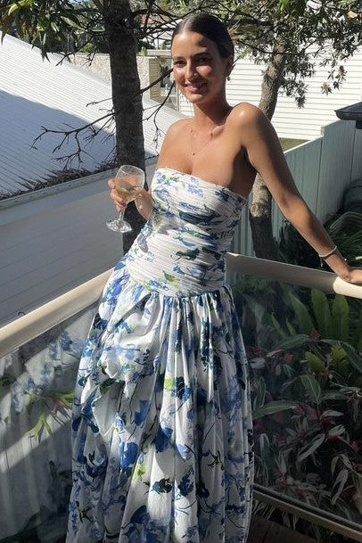 Floral Strapless A-Line Pleated Empire-Waist Print Long Prom Party Dress